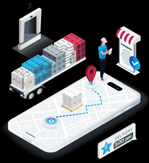 Illustration of a loaded trailer at the dock, a delivery route on the driver’s phone and a delivery confirmed with an e-signature