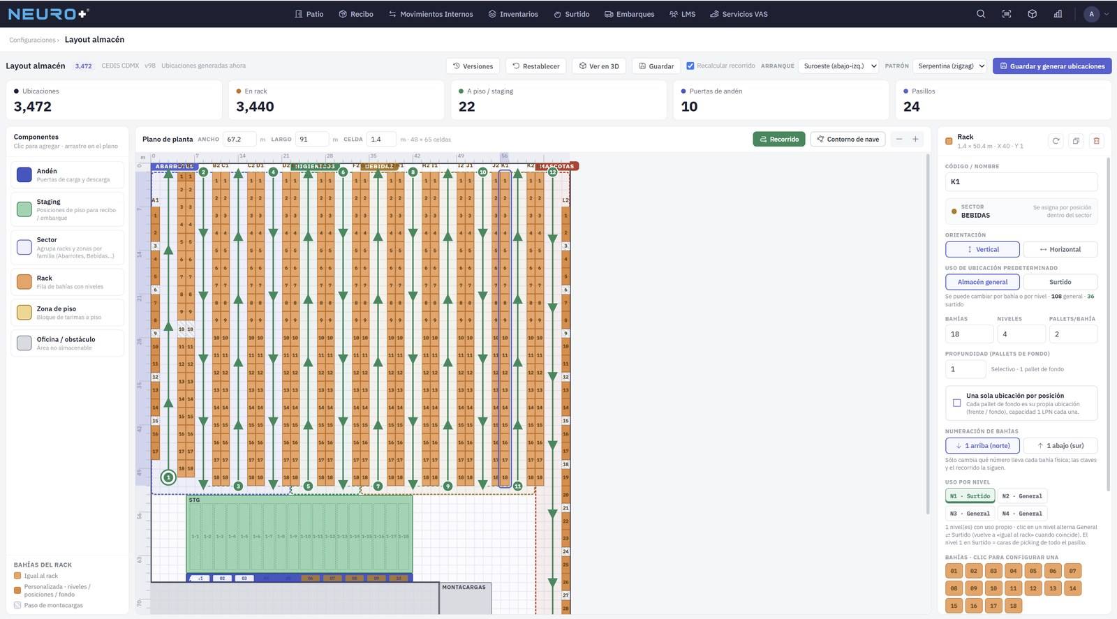 Visual warehouse layout design in Neuro+® with zones, racks, staging and pick path